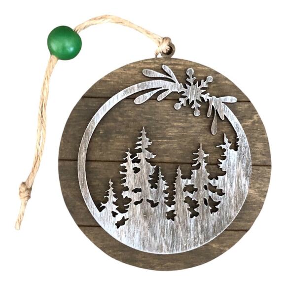 Whimsical Brown Rustic Etched Silver Trees Brown Ornament Hand Painted Wood - Picture 1 of 8